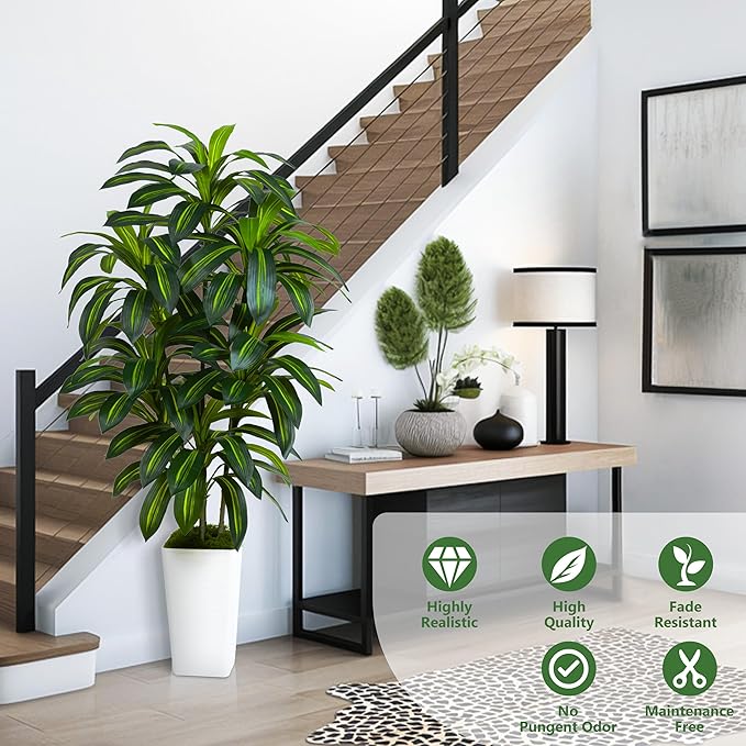 Artificial Dracaena Plant Indoor Fake Tree, Tall Fake Floor Plants with White Planter, Artificial Yucca Tree for Home Office Living Room Bedroom Farmhouse Modern Outdoor Topiary Tree(6 Trunks 6FT)