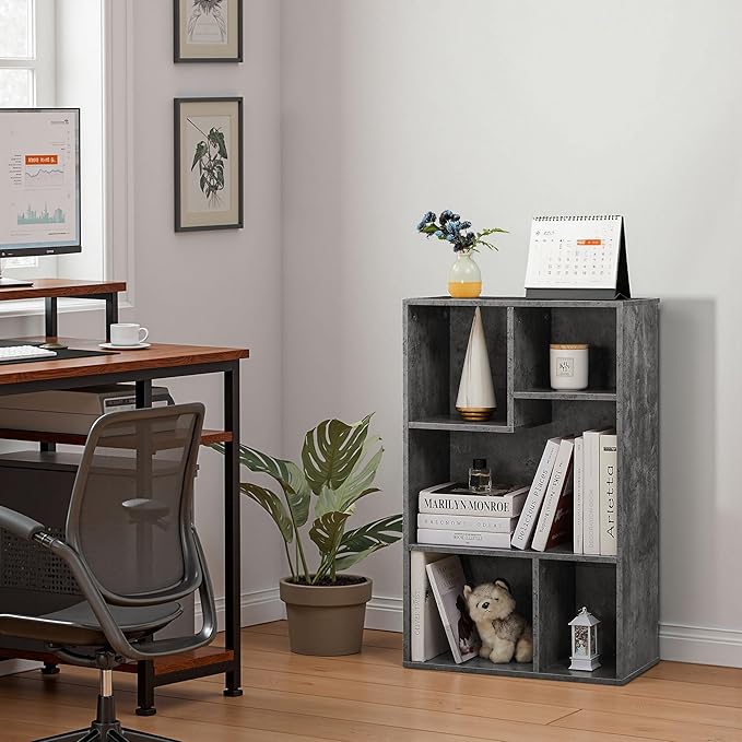 VECELO Contemporary Bookshelf, 5 Cube Shelf, Fits Tallest Hardcovers, Horizontal Available, Storage Organzier for Home Office,Gray