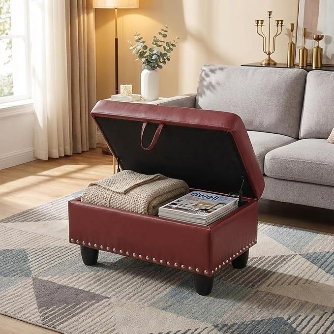 Simple Deluxe Ottoman with Storage Bench Chair, 28.5" L x 19.5" W x 17.5" H Foot Rest Stools with Synthetic Leather,Ottoman Storage Chest Box with Padded Seat for Bedroom, Living Room, Entryway,Red