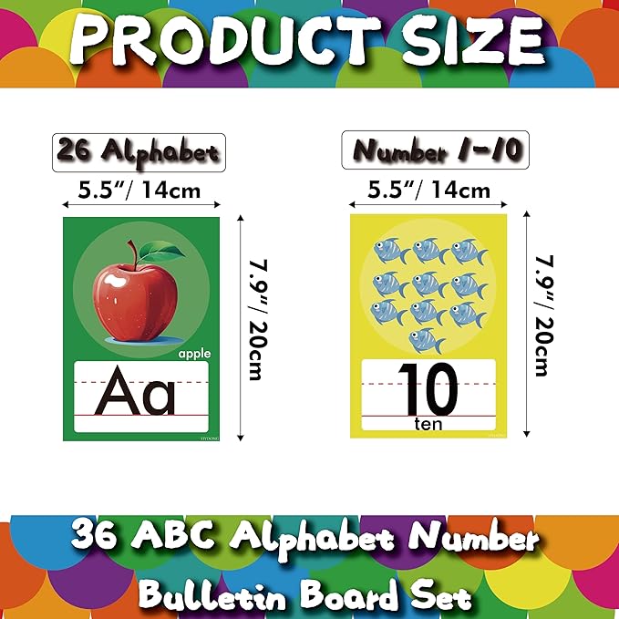 YIYDONG 36 Pieces Alphabet Line Bulletin Board Set ABC Number Flash Cards Wall Decorations for Pre-School Kindergarten Elementary Classroom Nursery Homeschool (Bright Colors)