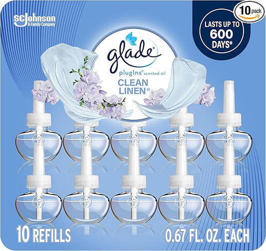 Glade PlugIns Refills Air Freshener, Scented and Essential Oils for Home and Bathroom, Clean Linen, 6.7 Fl Oz, 10 Count (Packaging May Vary)