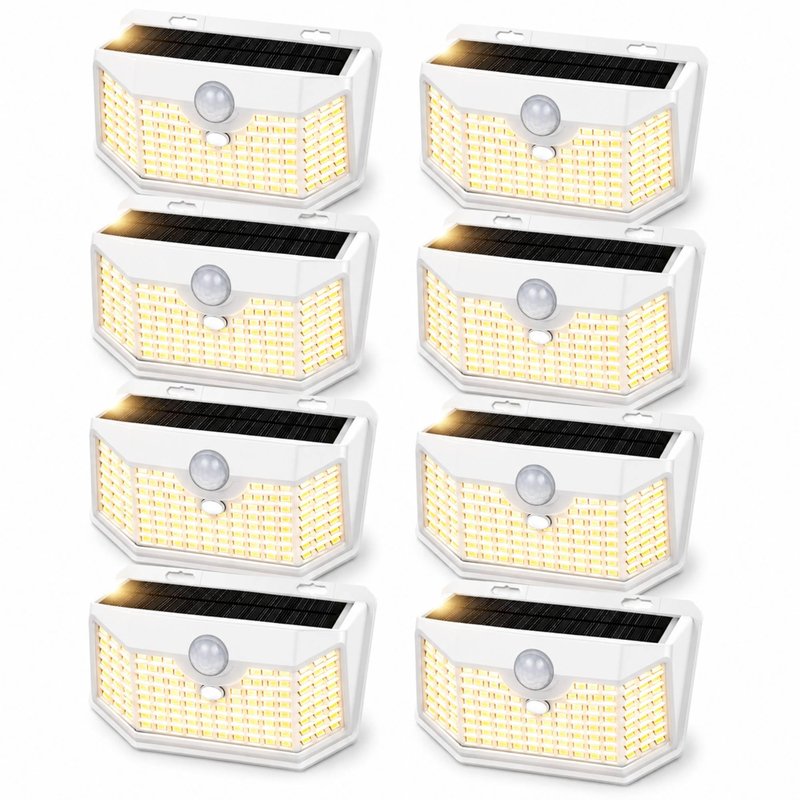 HMCITY 120 LED Solar Lights Outdoor with Motion Sensor and 3 Lighting Modes, IP65 Waterproof Wide Solar Wall Lights Ideal for Garden Patio Yard (Front Button 8Packs, White Shell-Warm White)