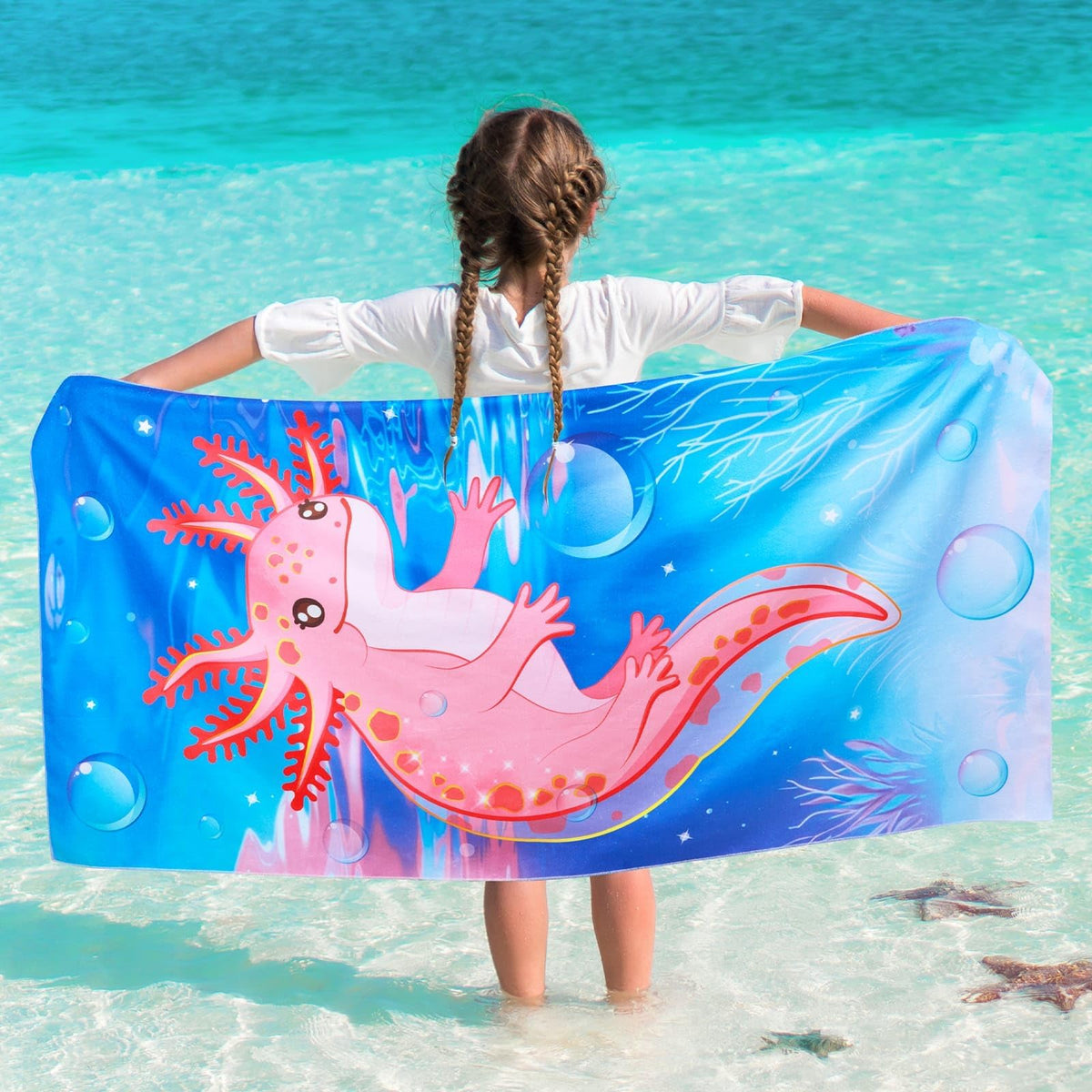 WERNNSAI Kids Beach Towel for Girls, Axolotl Quick Dry Swim Towel