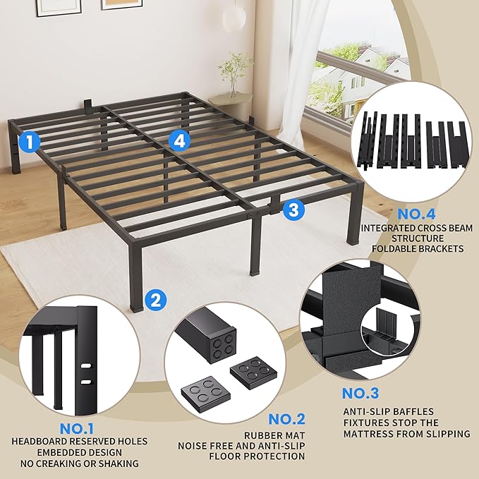 MAF King Bed Frame 14 Inch Heavy Duty Metal Platform BedFrame with Black Steel Slat Support Noise Free King-Bed-Frame, No Box Spring Needed