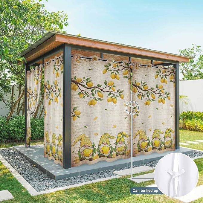 Summer Gnome Outdoor Curtains for Patio Gnome Lemon Leaf Vintage Waterproof