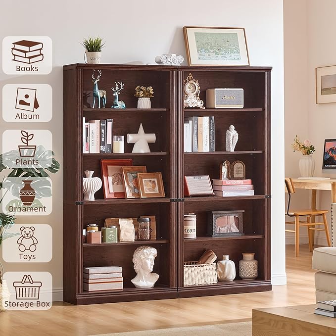 70" Walnut Tall Bookshelf,5-Tier Thick Wooden Book Shelf with Adjustable Shelves,Free Standing Farmhouse Bookcase with Open Display Storage,Floor Vintage Bookshelves for Living Room,Office
