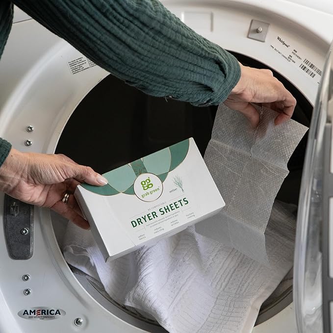 Grab Green Dryer Sheets, 160 Sheets, Vetiver Scent, Plant and Mineral Based, Compostable, Softens Fabrics, Reduces Static Cling and Wrinkles
