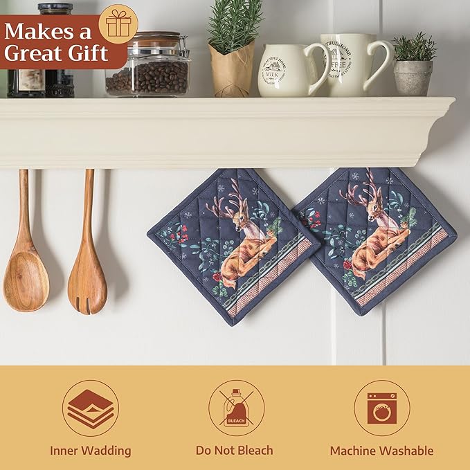 Maison d' Hermine Pot Holders 100% Cotton Heat Resistant Potholders 8" x 8" Hot Pads with Loop for Thanksgiving Christmas Decorations BBQ Cooking Baking Handling Hot Pans (Pack of 1, Christmas Joy)