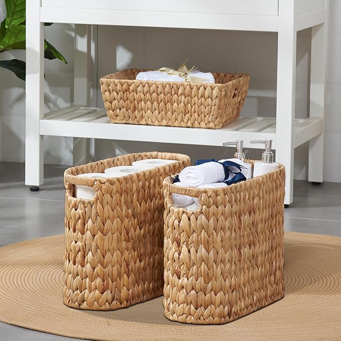ELONG HOME Toilet Paper Storage for 9 Rolls, Water Hyacinth Wicker Toilet Paper Storage Holder, Toilet Paper Basket with Built-in Handles