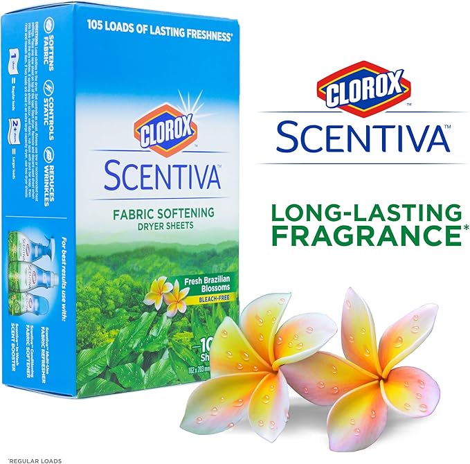 Clorox Scentiva Fabric Softening Dryer Sheets - Fabric Sheets in Fresh Brazilian Blossoms Scent - Laundry Dryer Sheets for Fresh & Clean Clothes - Fabric Softener Sheets, Dryer Sheet, 105 Count