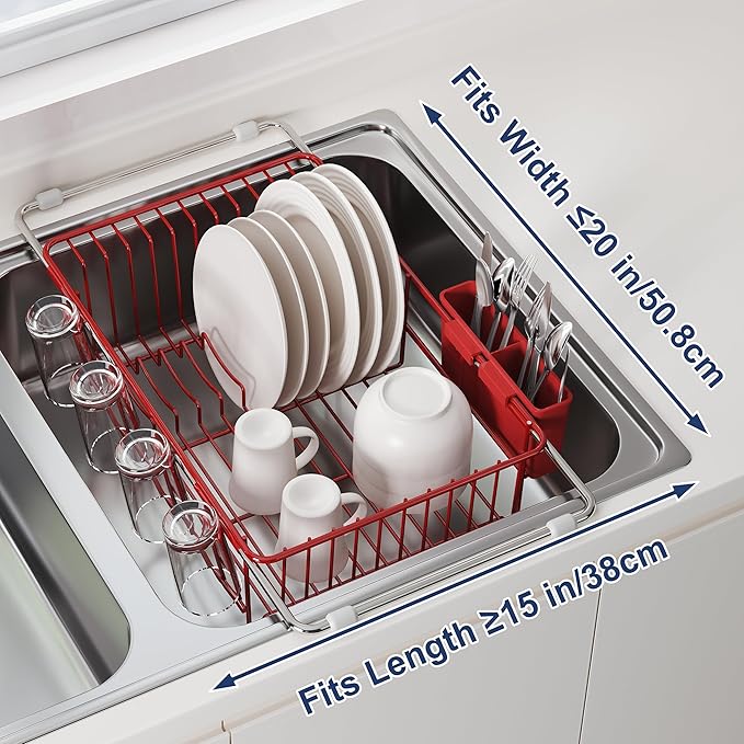 JASIWAY Red in Sink Dish Drying Rack, Expandable Stainless Steel Small Dish Rack Over Kitchen Sink, Plate Drainer Strainer with Cutlery Holder & Cup Holders, Counter Space Saving Wire Dryer Rack