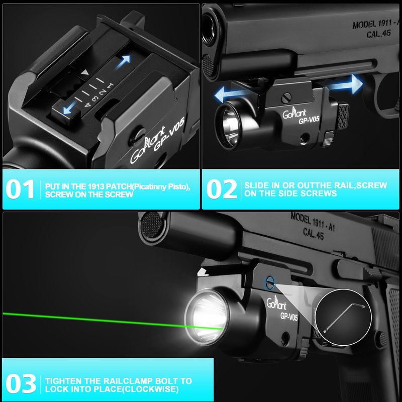1500 Lumens Aircraft-Grade Aluminum Compact Pistol Flashlight, Picatinny Flashlights Laser Weapon Light, Subcompact Tactical Pistol Lights,Green Laser Light Combo For Handgun, Rechargeable Gun Laser