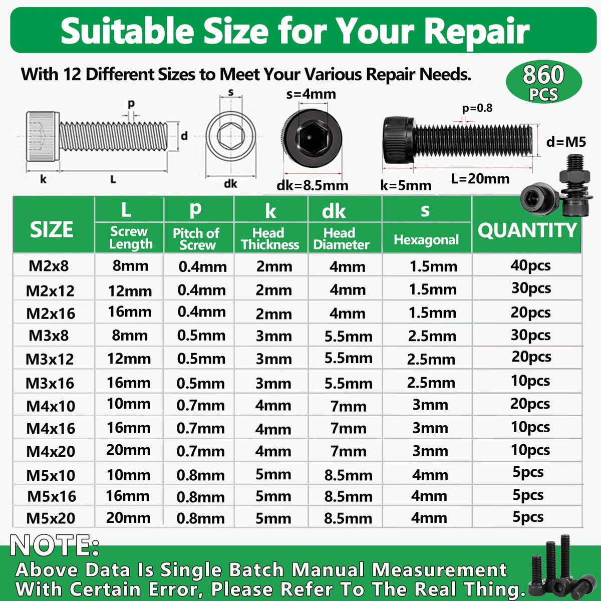 860PCS Metric Screw Assortment Kit, M2 M3 M4 M5 Machine Screws with Lock & Flat Washers, 12.9 Grade Alloy Steel, Metric Hex Socket Head Cap Nuts and Bolts Assortment Kit with 4 Wrenches