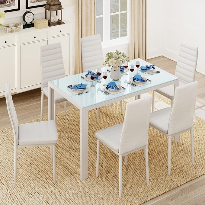 Gizoon Glass Dining Table Sets for 6, 7 Piece Kitchen Table and Chairs Set for 6 Person, PU Leather Modern Dining Room Sets for Home, Kitchen, Living Room