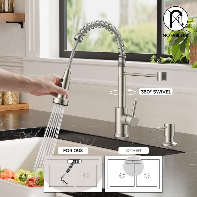 FORIOUS Kitchen Faucets with Sprayer, Brushed Nickel Stainless Steel Sink Faucet Single Handle with Deck Plate, Commercial Classic Spring Faucet for Kitchen Sink, Bar & Prep Sinks, Laundry RV Camper