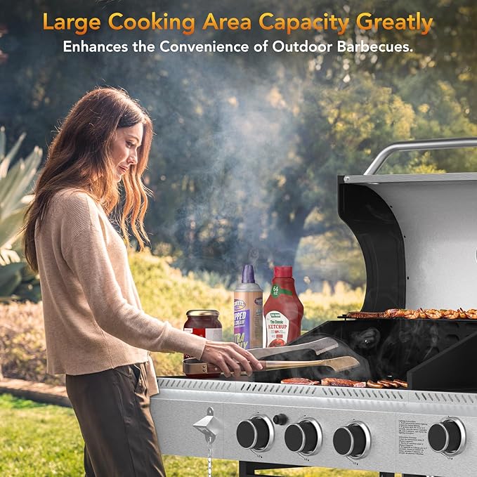 Electactic 3-Burner Propane Gas BBQ Grill with Side Burner,Stainless Steel Grill with Porcelain-Enameled Grates,37000 BTU Barbecue Grill, Suitable for Outdoor Cooking,Camping,Patio Backyard