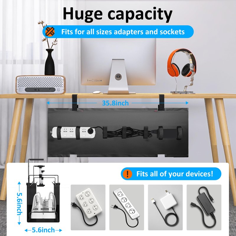 Cotohim Under Desk Cable Management Tray - Under Desk Cord Management - Clamp/Screw Mount - Fabric Wire Management - Cable Raceways Tray Cord Hiders for Office/Home (Black, 35.8"×5.6")