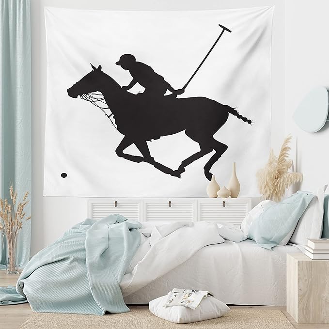 Ambesonne Sports Tapestry, Silhouette Illustration of Polo Player on a Horse Hitting a Ball Print, Fabric Wall Hanging Decor for Bedroom Living Room Dorm, 45" X 30", Charcoal Grey