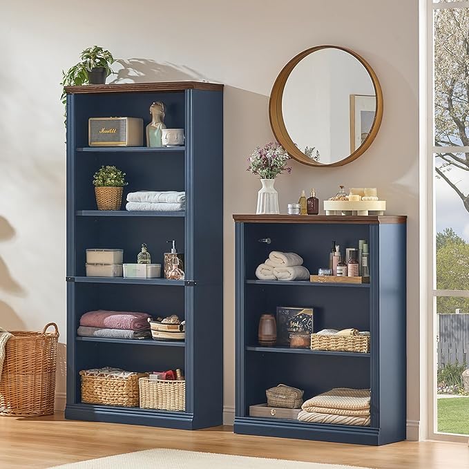70" Blue Tall Bookshelf Set of 4,5-Tier Thick Wooden Book Shelf with Adjustable Shelves,Free Standing Farmhouse Bookcase with Open Display Storage,Floor Vintage Bookshelves for Living Room