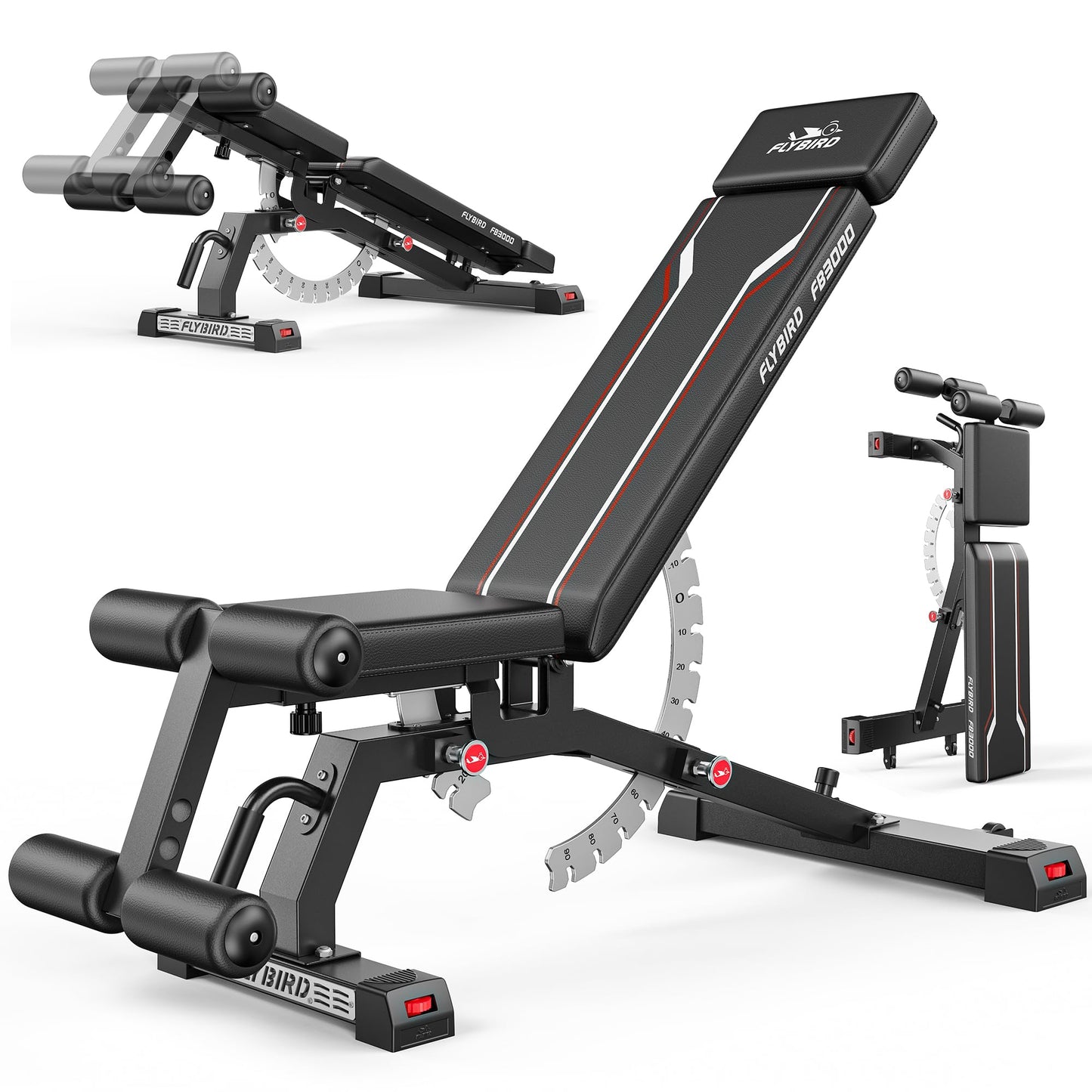 FLYBIRD Strength Training Bench for Home Gym, Vertical Storage Space-Saving Workout Bench, 1200lbs Capacity Adjustable Weight Bench with Detachable Headrest and Leg Support