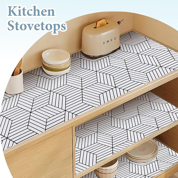 Shelf Liners for Kitchen Cabinets 12in x 30FT, Non Adhesive Cabinet Liner Strong Non-Slip Thickened Black White Geometric Drawer Liner, Easy to Clean for Shelf, Cabinet with Knife and Tape Measure