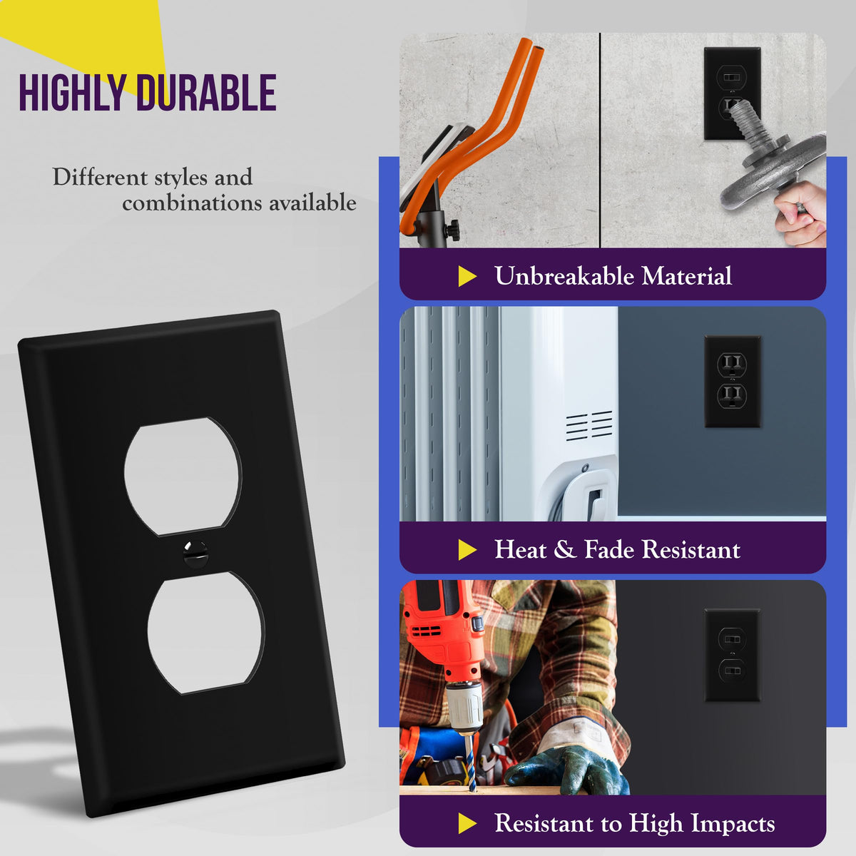 ENERLITES Duplex Receptacle Outlet Wall Plate, Size 1-Gang 4.50" x 2.76", Unbreakable Polycarbonate Thermoplastic, 8821-BK, Black