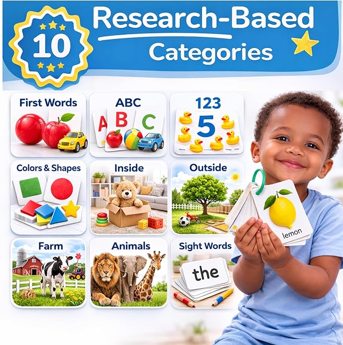 500 Words Thick & Sturdy Learning Flash Cards for Toddlers 1-3 with Rings - 1 Year Old Girl Gifts - Educational & Montessori Toys for 1 Year Old boy - Toddler Flashcards for Preschool & Kindergarten