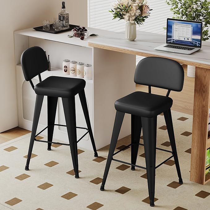 Aklaus PU Leather Metal Bar Stools 26 inch Faux Leather Counter Height Barstools Set of 2 Modern Farmhouse Bar Chairs with High Backs and Faux Leather Seat for Kitchen Island Dining Room Matte Black