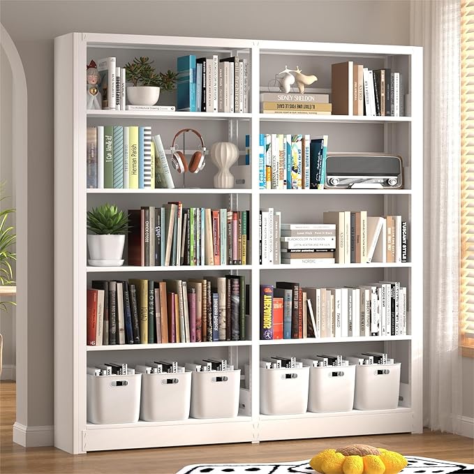 Heavy Duty 5-Tier Metal Bookshelf, Industrial Wide Book Shelf with Adjustable Shelves, 280lbs Shelf Capacity, Large Office Bookcase, Display Book Organizer for Living Room Bedroom Library -2Pcs, White