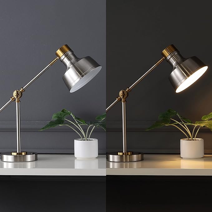 JONATHAN Y 18.5" Nickel/Brass Gold Adjustable Cantilever LED Task Lamp with USB Charging Port, Vintage Farmhouse Desk Lamp for Home Office Reading, Metal Shade (JYL7124B)