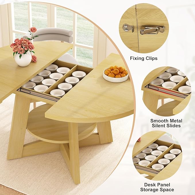 47"-63" Extendable Dining Table for 4 5 6 People,63" Farmhouse Round Extending Dining Table w/Removable Leaves Space Saving,Wooden Adjustable Tables for Kitchen Office Living Room Natural