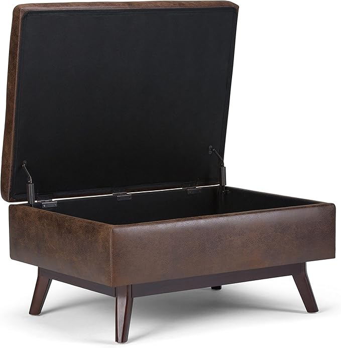 SIMPLIHOME Owen Coffee Table Storage Ottoman - 34 inch Wide Upholstered Vegan Leather Rectangular Lift-Top Ottoman in Distressed Chestnut Brown, Mid-Century Bench for Living Room with Tapered Legs