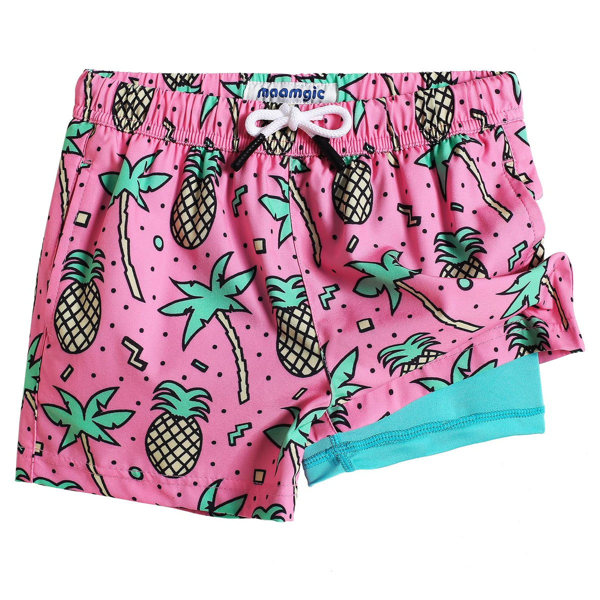 maamgic Boys Swim Trunks with Compression Liner Toddler Stretch Swim Shorts Quick Dry Swimming Trunks Boxer Brief 2 in 1 Beach Shorts Rose Coconut 3T