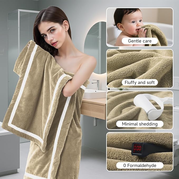 REDKISS 4-Piece Bath Towels Set - 2 Handtowels, 2 Bath Towel | Super Absorbent, No Lint & No Fading,Ultra-Fiber Coral Fleece | Perfect for Bathroom, Spa, Gym | Family & Adults-Light Brown