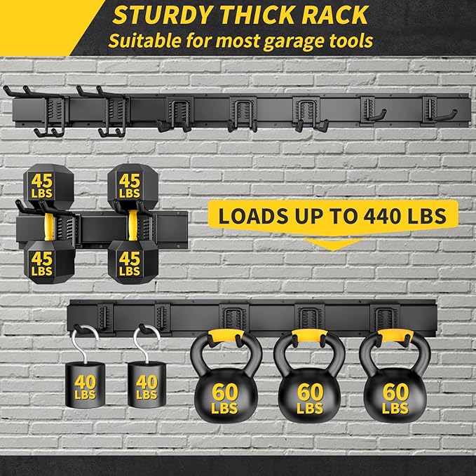 48 Inches Garage Storage, Garage Organization, Wall Mount Garden Tool Organizer, 440lbs Adjustable Heavy Duty Metal Hanging Hooks, Yard Rack Hanger System Shovel Rake Broom Ladder Holder, Men Gift