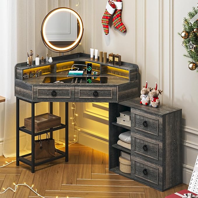Corner Vanity Desk with Lighted Rotating Mirror and Lights, Glass Top Makeup Vanity with Corner Shelf&5 Drawers, Girls Vanitys with Charging Station,Jewelry Organizers for Bedroom,Brown