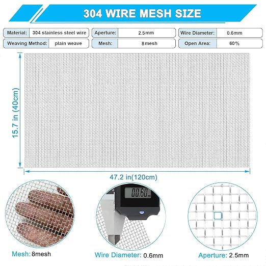 Stainless Steel Mesh Screen 8Mesh 304, 15.7" x 47.2" Metal Mesh Screen