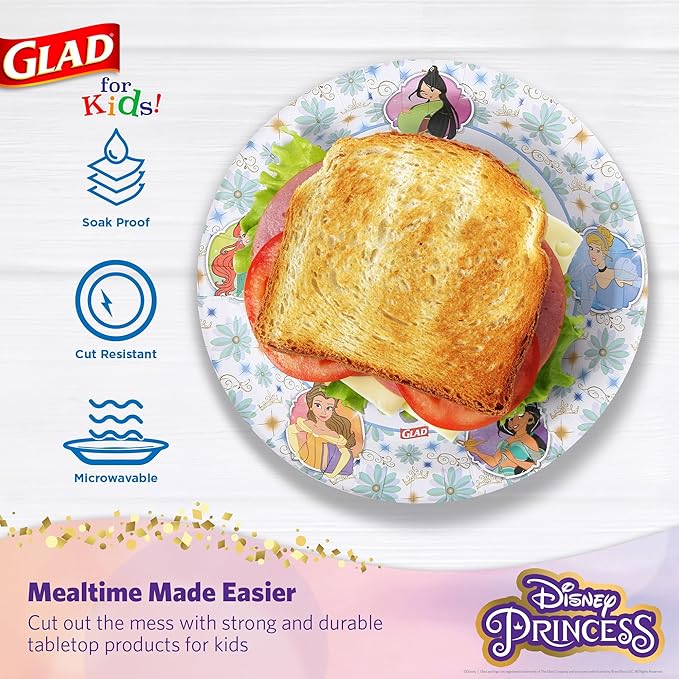 Glad Disney Princess Kids Paper Plates, Heavy Duty Soak Proof and Microwavable, Cut Resistant Disposable Snack Plates for Everyday Meals, School Lunches and Birthday Parties, 8.5 Inch, 40 Count