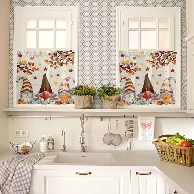 Fall Kitchen Curtain Set, Thanksgiving Gnomes Maple Leaf Pumpkin Beige Window