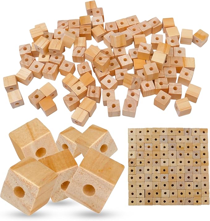 1/2" Wood Cubes with Holes - 100 Pack - Unfinished Solid Wood Beads for DIY Craft and Building Projects