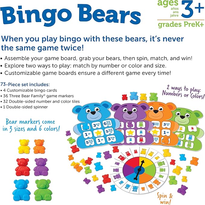 Learning Resources Bingo Bears - Custom Bingo Game for Kids, Matching Games for Toddlers 3-5, Toddler Board Games, Practice Counting and Color Recognition, Preschool and Kindergarten Classroom Toys