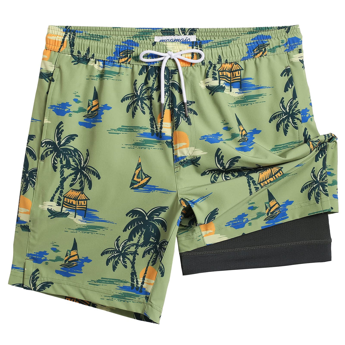 maamgic Mens Swim Trunks with Compression Liner 7 Inch Inseam Mens Bathing Suit Quick Dry Swimming Trunks Swimsuit Plamtree Green Large