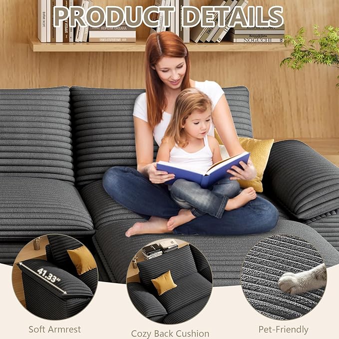 142" Cloud Sectional Couch with U-Shaped Chaise, Corduroy Sectional Sofa with Ottoman, Boneless Couch with Deep Seat in a Box for Living Room, No Assembly Required (Dark Grey)