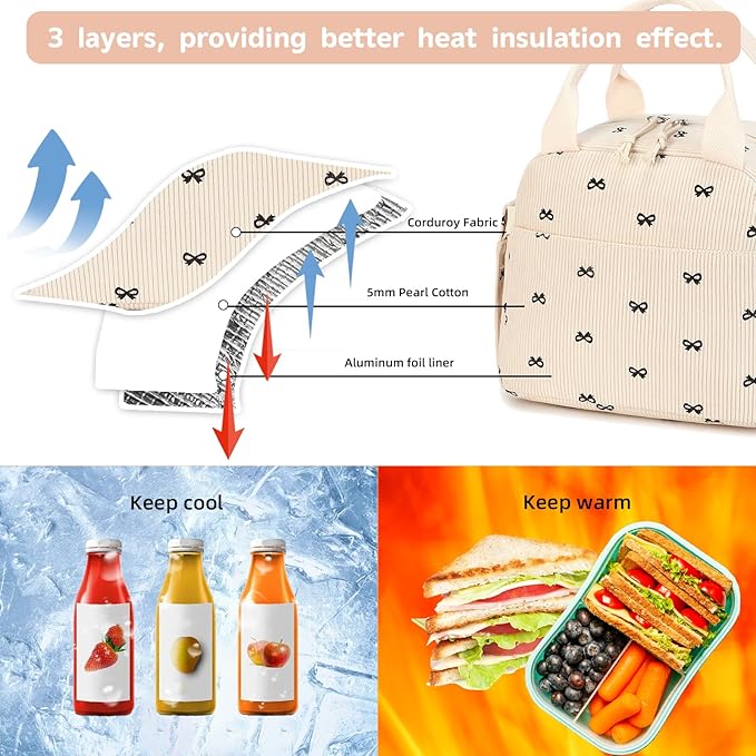 LEDAOU Lunch Box for Women Insulated Lunch Bag Corduroy Lunch Tote Bags Leakproof Cooler Lunch Case for Travel Work Picnic