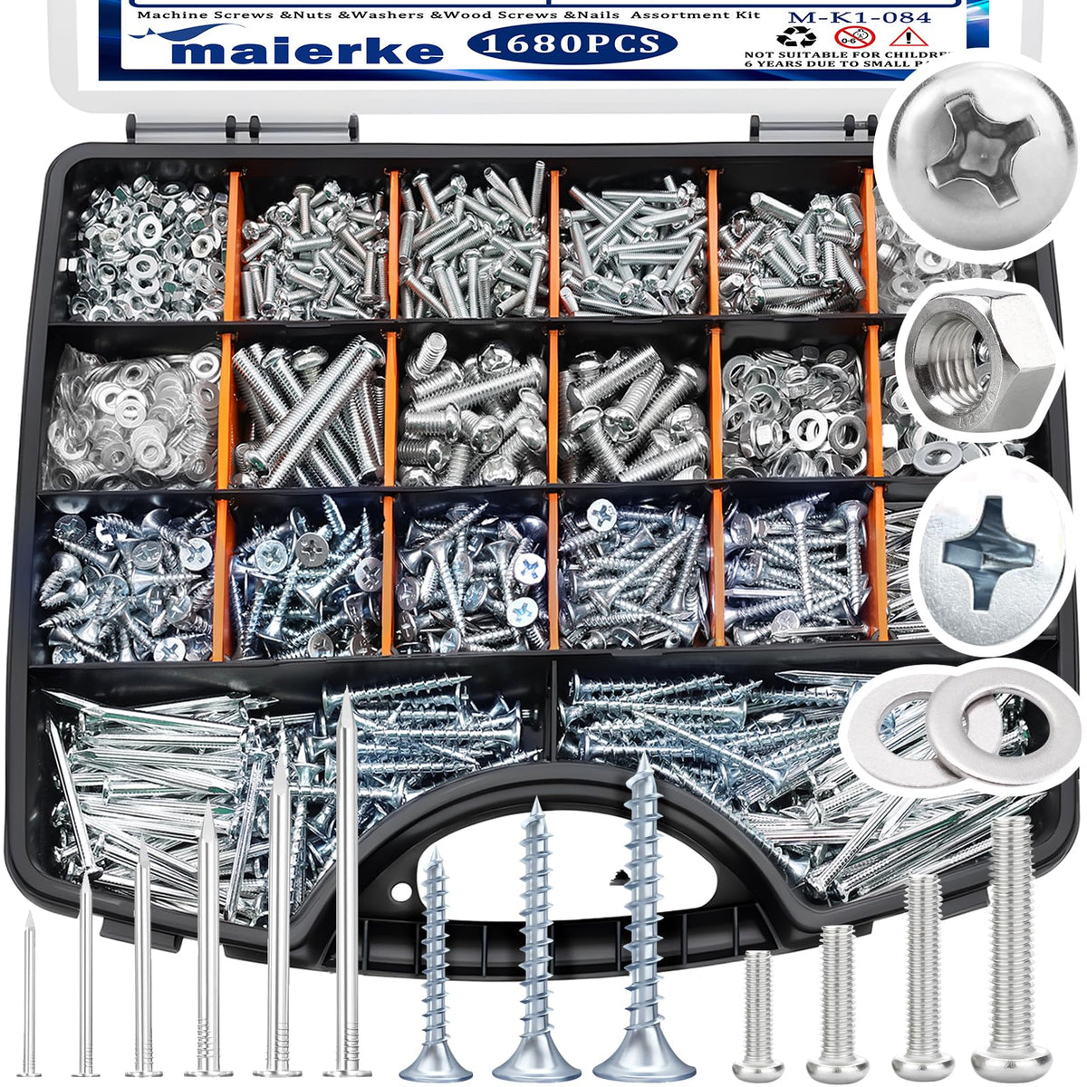 maierke 1680 PCS High Hardness Screw Bolts and Nuts & Nails & Wood Screws Assortment Kit,M3/M4/M5/M6 Machine Screws,Small Nails,#6#8 Drywall Screw Set for Picture Hanging and DIY (Length 1/2 to 2")