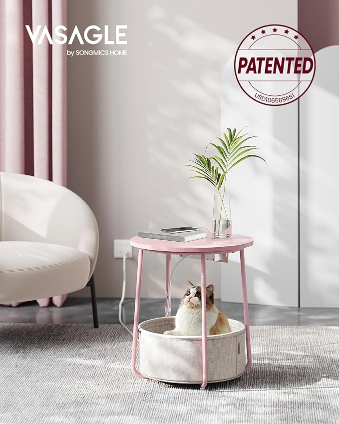 VASAGLE LILEA Collection - Side Table with Charging Station, Round End Table with Fabric Basket, Nightstand with USB Ports, for Living Room, Bedroom, Modern, Jelly Pink and Cream White ULET228R01