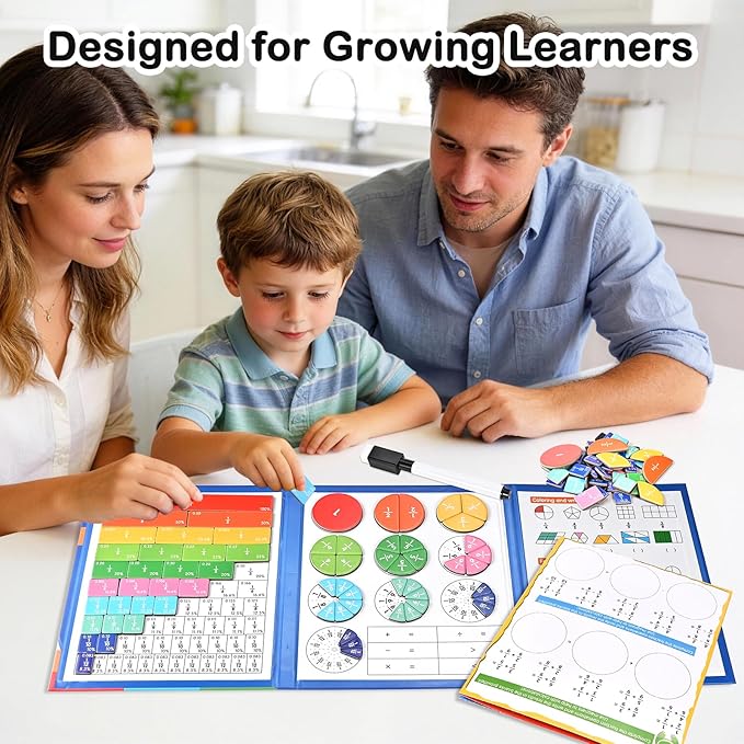 Magnetic Fraction Demonstration Book with Magnetic Fraction Tiles & Circles, Hands-On Fraction Manipulatives for Kids, Visual Math Learning Set for Classroom, Homeschool & Early Math Practice