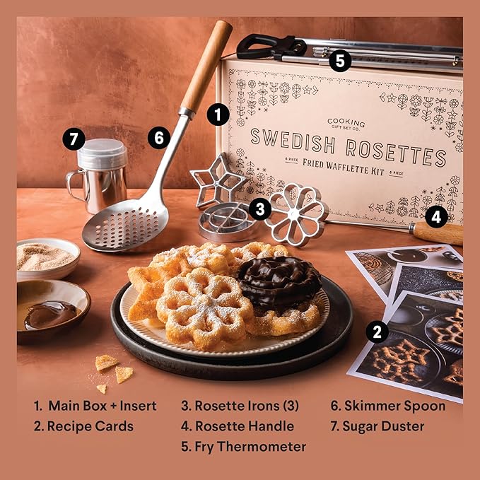 Swedish Rosette Iron Set with Handle Cooking Gifts – Rosette Maker & Bunuelos Mold Valentine's Day Baking Essentials | Funnel Cake Maker & Waffle Iron Kit – Rosettes Unique Baking Gift Set for Women
