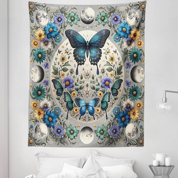 Ambesonne Boho Tapestry Twin Size, Wreath of Colorful Flowers with Moon and Butterfly Pattern Witchy Scenery, Wall Hanging Bedspread Bed Cover Wall Decor, 68" X 88", Sea Blue Pale Grey Teal