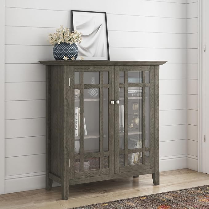 SIMPLIHOME Bedford Storage Cabinet - 39 inch Wide Solid Wood Medium Cabinet in Farmhouse Grey, Transitional Console for Living Room, Entryway, or Dining Room with Glass Doors and Adjustable Shelves